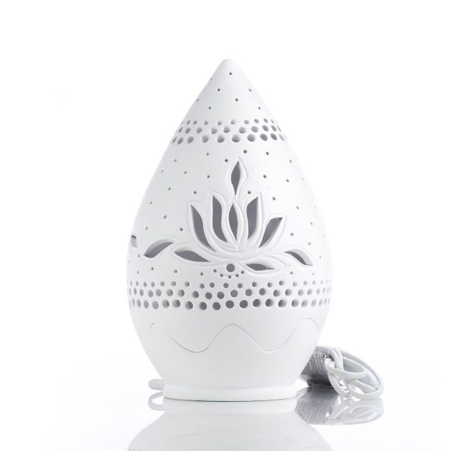 Floare de lotus - lampă ambientală artizanală din ceramică, cu iluminare electrică.